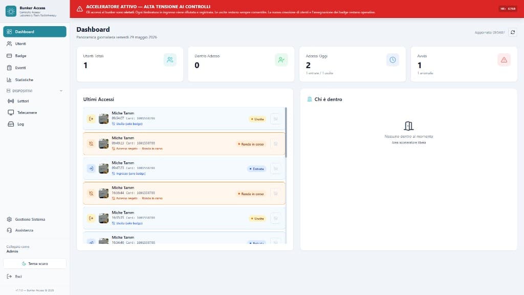 Interfaccia di BunkerAccess: dashboard accessi, interblocchi e tracciabilità
