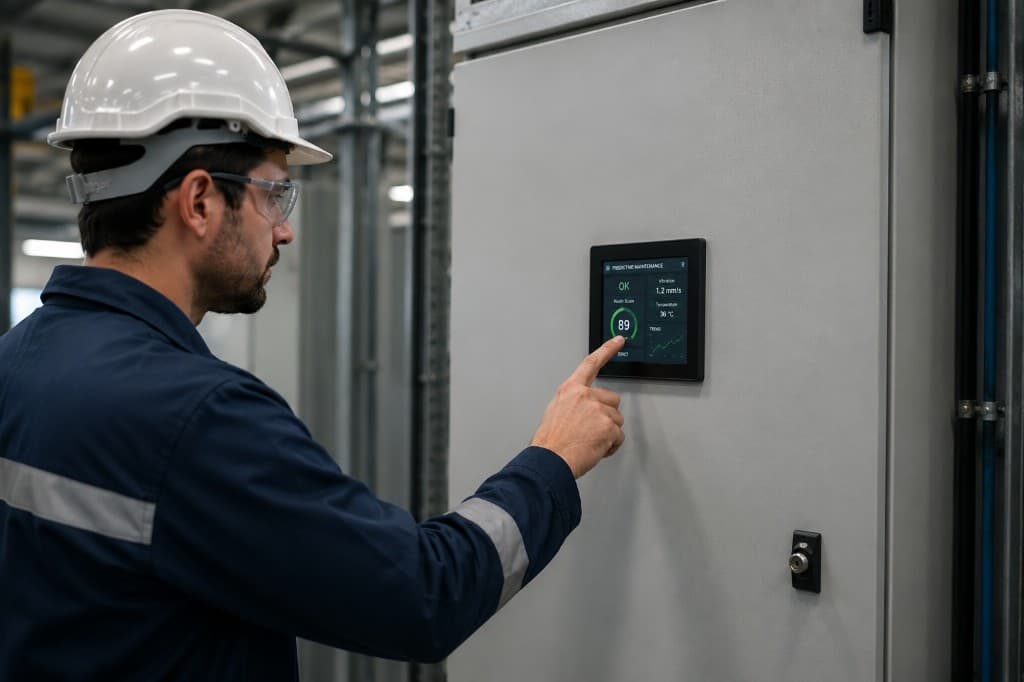 Operatore su pannello di monitoraggio per manutenzione predittiva dei motori