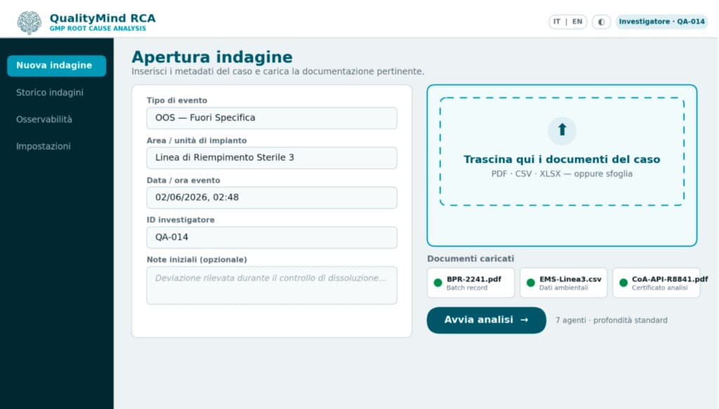 Schermata di apertura indagine di QualityMind RCA