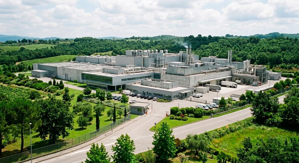 Veduta aerea di uno stabilimento produttivo industriale immerso nel verde